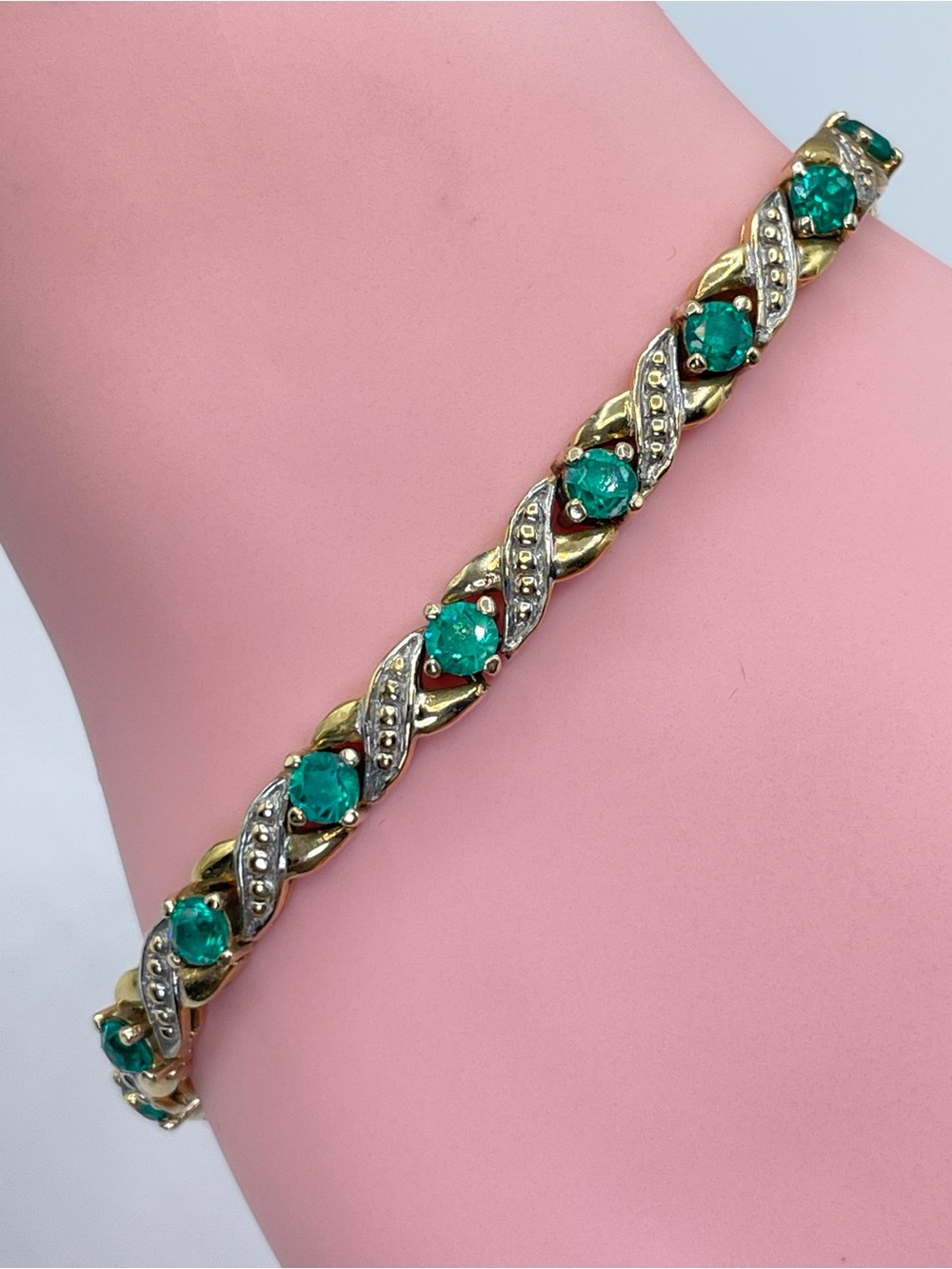 925 Sterling Silver Gold Plated Green Cubic Zirconia Tennis Bracelet Vintage